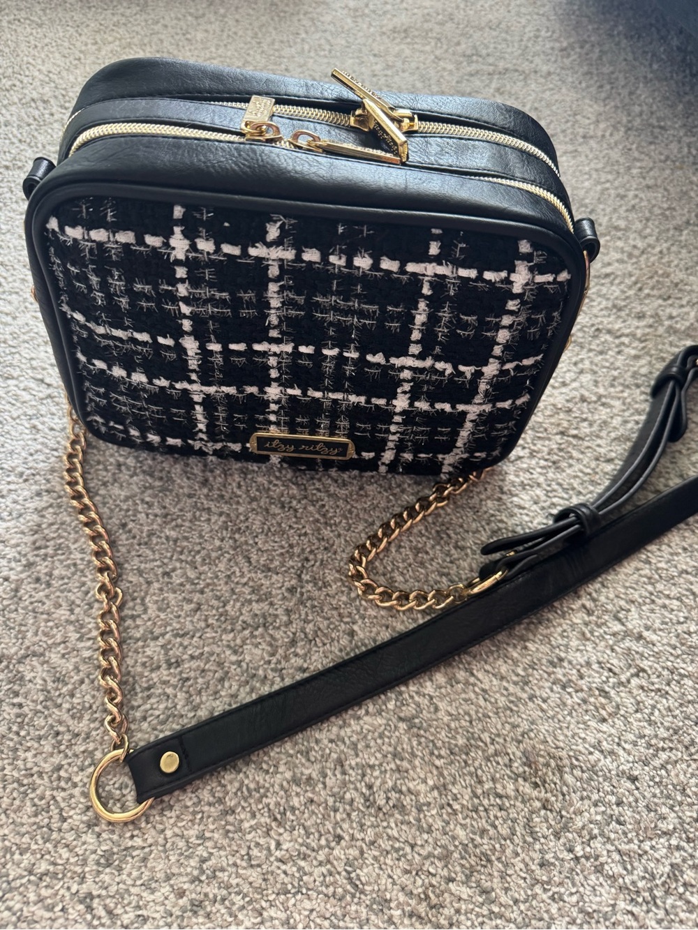 Itzy Ritzy Black & White Tweed Crossbody Diaper Bag with Gold Chain